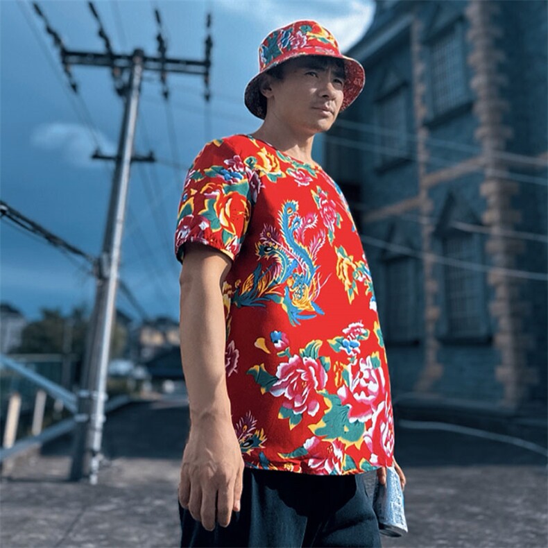 HT203夏男休闲东北大花民族风牡丹花圆领短袖T恤青少年大码男女潮，男装T恤，星座115A-2