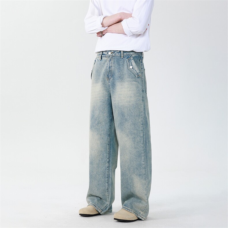 高品质韩系浅蓝色宽松美式高街水洗直筒阔腿裤cleanfit牛仔裤P79，男装牛仔裤，星座216-1