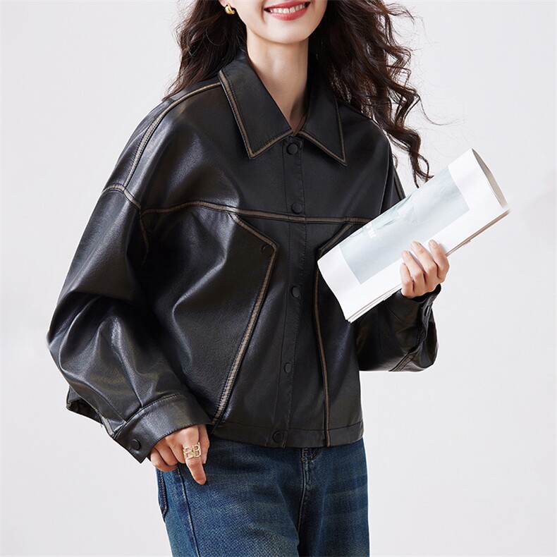 复古拼色皮衣短外套女2024春秋新款高级感小个子机车PU皮夹克上衣,女装皮衣,江南女神