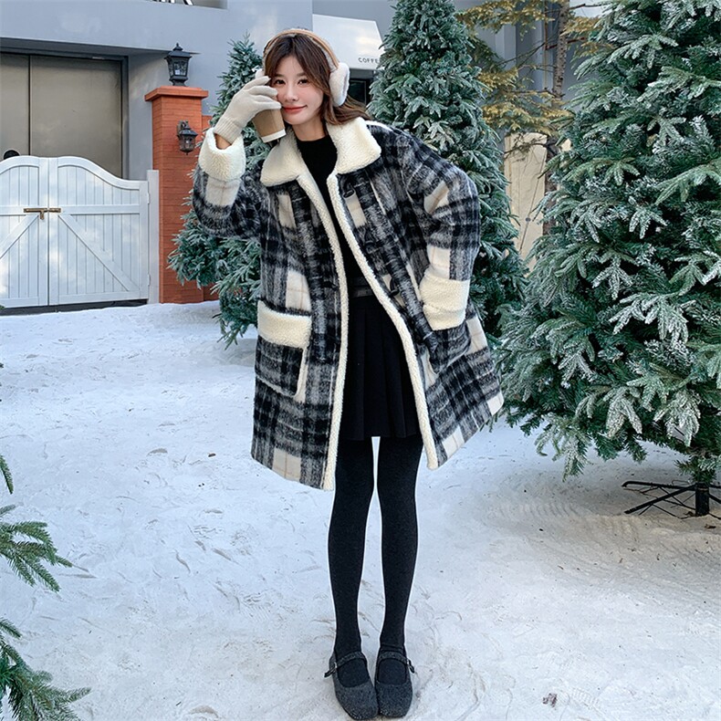 中长款羊羔毛加棉格子毛呢外套2C317A-8830-P205-K295,女装毛呢外套,2C317A