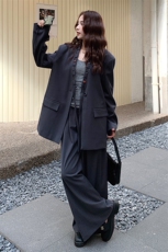 2C085-Q108P205K298主推高级灰色极简串珠V领织带西服长裤套装，女装套装/套裙，2C085