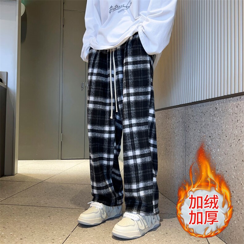 加绒加厚冬男休闲裤松紧腰毛呢条纹格子宽松长裤h922P45加绒P50,男装休闲裤,星座1013-1