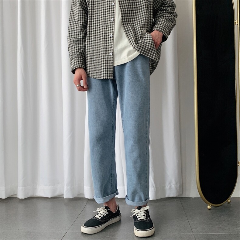 秋季港风简约百搭浅色水洗牛仔裤男韩版宽松直筒九分裤N/，男装牛仔裤，电商D202