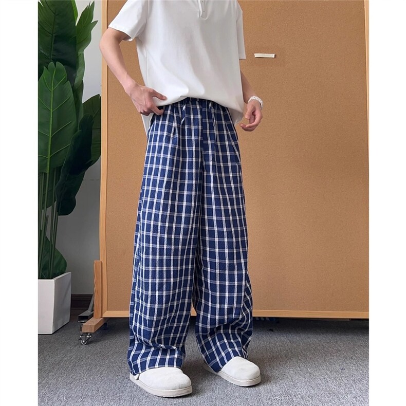 V175-P40格子休闲裤男女宽松直筒阔腿裤美式复古高街薄裤子防蚊,男装休闲裤,星座911-1