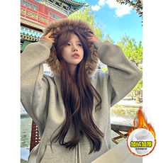 480G重磅加绒硬挺boxy秋冬美式高街超大毛领座山雕连帽卫衣厚外套，女装短外套，电商A486-1