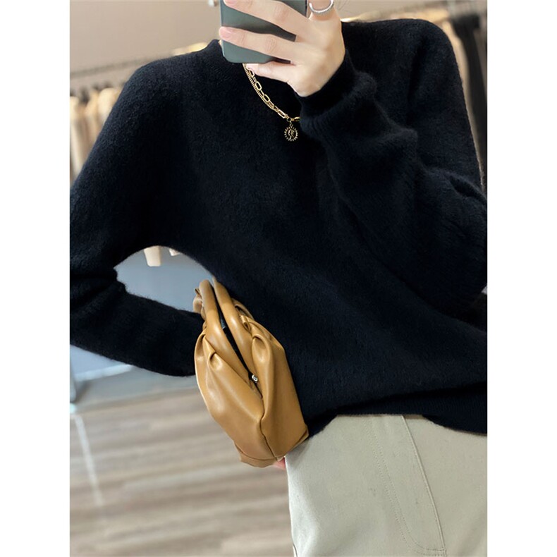 圆领套头秋冬装新款韩版宽松百搭显瘦长袖羊毛针织衫,女装羊毛衫,绒汀羊绒