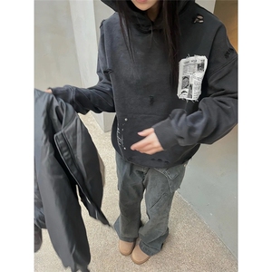 美式复古重磅水洗做旧贴布连帽卫衣男女秋冬宽松高街外套WYT19图片