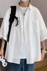 C6042/P35夏款2023新款港风冰丝克莱因蓝衬衣男开衩短袖衬衫控58，男装衬衫，电商A141