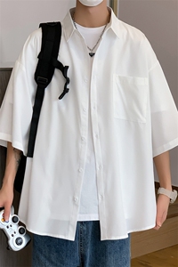 C6042/P35夏款2023新款港风冰丝克莱因蓝衬衣男开衩短袖衬衫控58图片