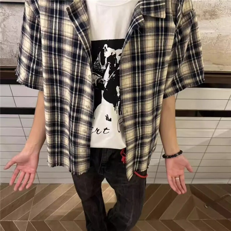 美式复古撞色毛边格子防晒短袖衬衫宽松休闲薄款衬衣CSY36，男装防晒衣，星座208-5