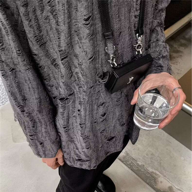 695-P30慵懒风破洞拉丝卫衣男小众宽松长袖t恤松弛感网眼镂空,男装T恤,电商B323A