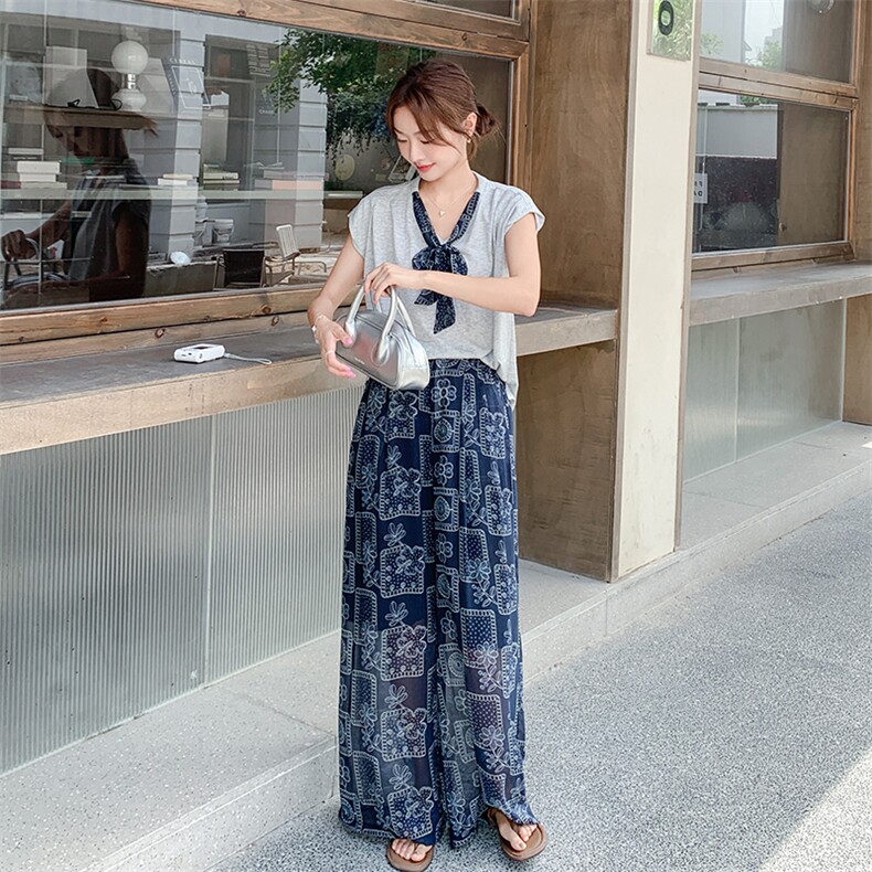 韩系设计感套装女2025夏季新款时尚气质V领上衣印花阔腿裤两件套,女装套装/套裙,2C260