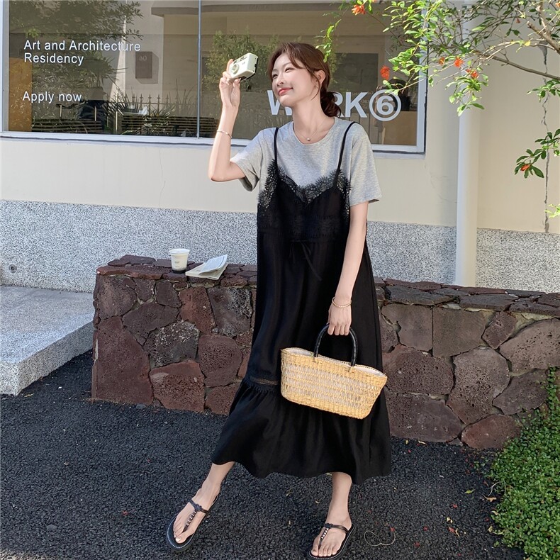 蕾丝拼接假两件连衣裙女2025夏季新款法式轻熟风独特气质鱼尾长裙图片