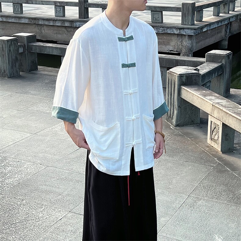 夏季复古新中式风立领复古盘扣棉麻七分袖衬衫MT2310-P65,男装衬衫,电商A021