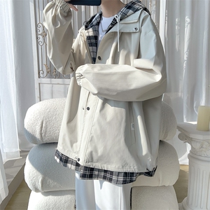 JK6006/P75春款现货假两件格子撞色连帽夹克男潮宽松大码上衣控99图片