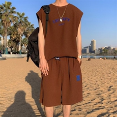 wassuphappy无袖套装t恤男士夏季薄款背心休闲运动短袖短裤套装，男装休闲套装，星座1116-2