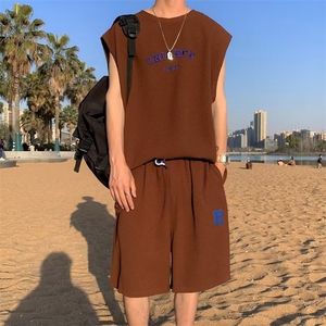 wassup happy无袖套装t恤男士夏季薄款背心休闲运动短袖短裤套装图片
