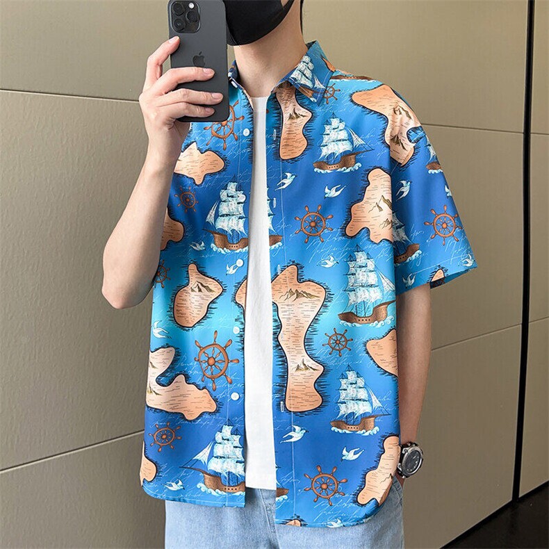 2025夏季潮流满印冰丝花衬衫男短袖痞帅高级感沙滩Q5513-P30,男装T恤,星座610（原A335）