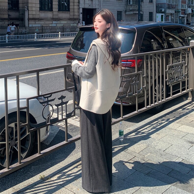 现货主推新款双面羊毛连帽休闲百搭宽松减龄背心马甲,女装毛呢外套,丝露怡语