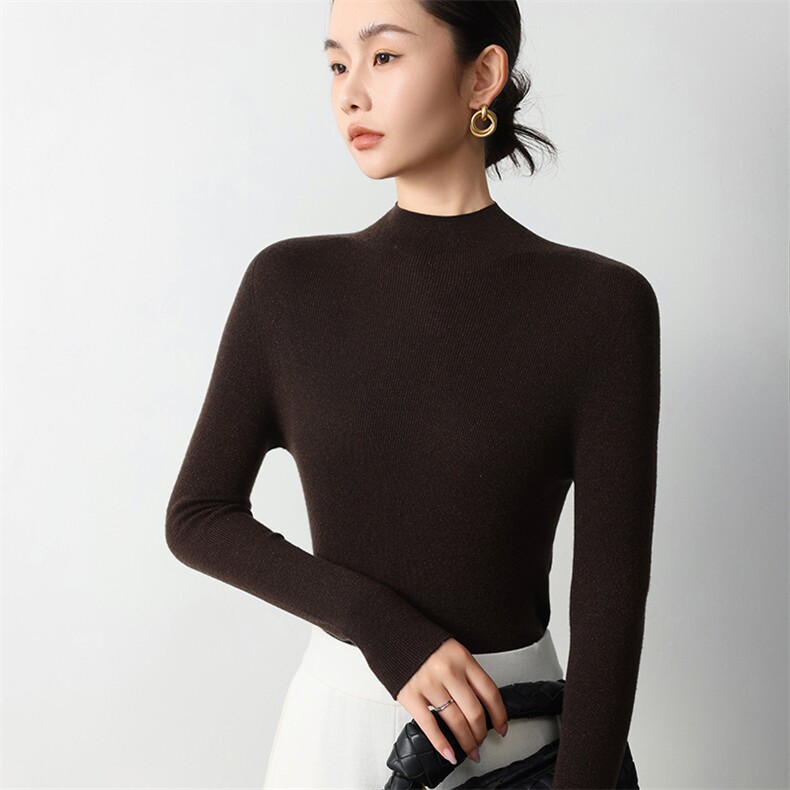 德国扬子纱金银丝无缝一体羊毛半高领打底衫女针织修身薄款内搭,女装羊毛衫,挚尚羊绒
