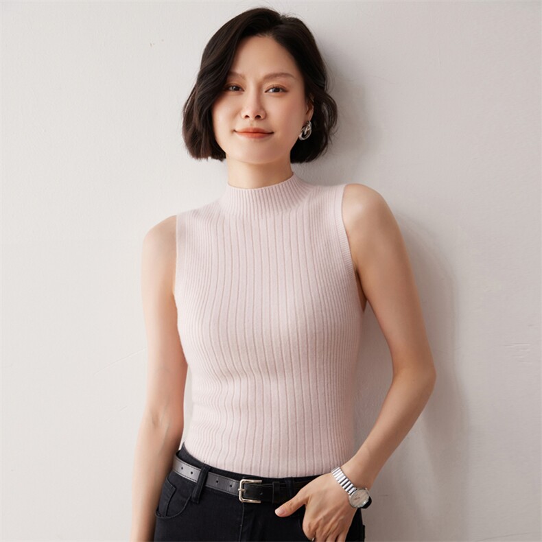 秋冬新款洋气时尚百搭显瘦女款一线成衣半高领无袖衫,女装背心吊带,艾巧羊绒