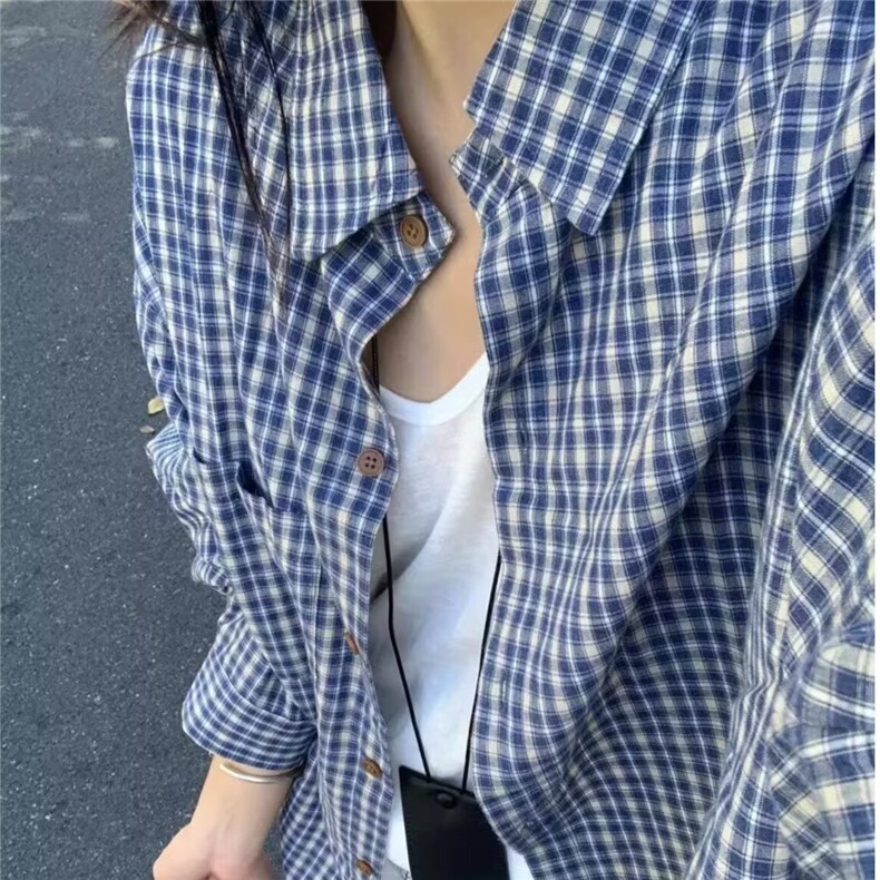 拉夏贝尔蓝色格子防晒衬衫女夏季新款慵懒风衬衣外套宽松显瘦上衣,男装防晒衣,星座1210-1