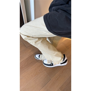 现货 黄泥美式vibe裤高街黑色破洞微喇直筒毛边牛仔裤男 K890-P55图片