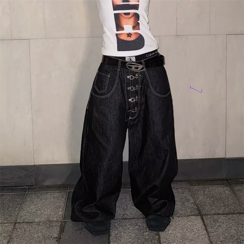 美式复古水洗牛仔裤男款直筒宽松弯刀阔腿痞帅高级感裤子潮流百搭图片