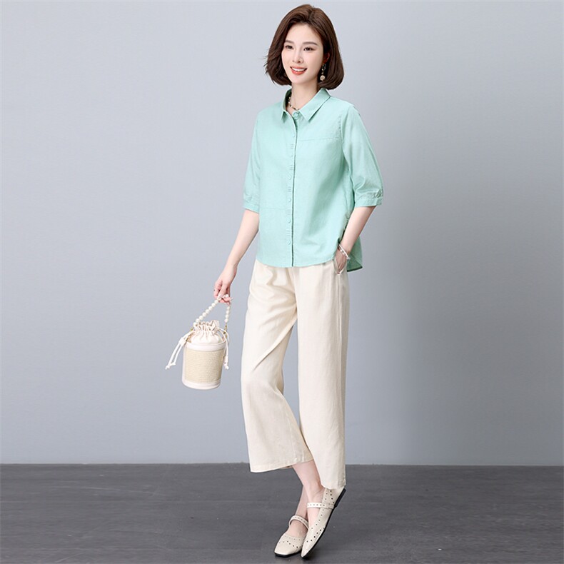 棉麻衬衫套装女2025年夏装新款时尚中年妈妈阔腿裤亚麻减龄两件套,女装套装/套裙,希欧阁