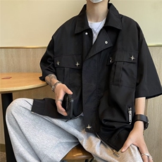 衬衫宽松型ins日系纯色方领青春流行男五分袖潮夏季日常9237P48，男装衬衫，星座410-2