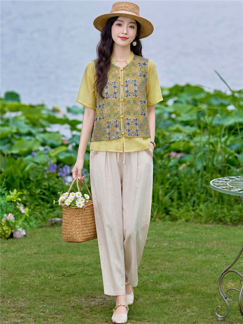 现货2026年夏季新款中式时尚两件套装女小衬衫加马甲天丝麻小脚裤,女装套装/套裙,璐依舞