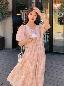 桔梗法式连衣裙夏女2025新款温柔风印花清新设计感气质方领仙女裙图片