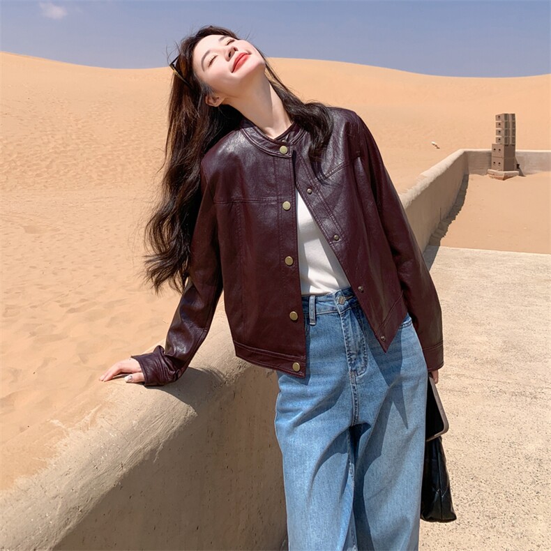 韩系复古皮衣外套女2025秋季新款小个子红棕色设计感百搭皮夹克,女装皮衣,2C170