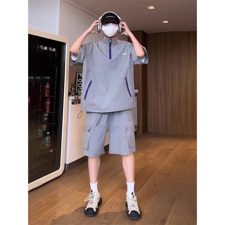 泡泡纱立领半拉链短袖polo衫男夏日穿搭一整套休闲速干运动套装潮,男装防晒衣,电商D315