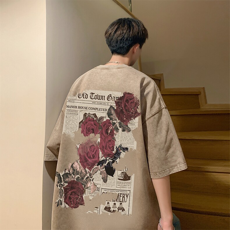 抖音供货、10万现货印花款230克水洗棉短袖T恤D223A-ST2359-P35,男装T恤,电商019-1