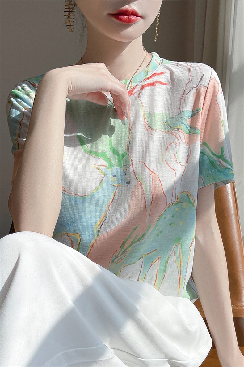 天丝正肩圆领短袖T恤女夏季新款莱赛尔舒适轻奢印花上衣宽松体恤,女装T恤,羊特美羊绒