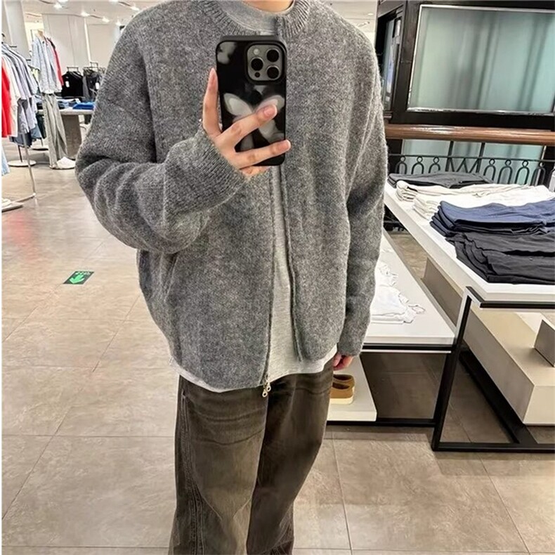 灰色高级感开衫毛衣男秋冬松弛感慵懒风针织衫格雷miu系穿搭外套图片