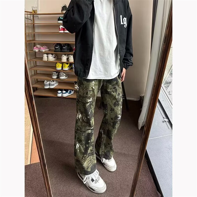 日系潮流百搭气质简约慵懒新款ins无品牌原宿绿色蛇纹牛仔裤流行,男装牛仔裤,星座302B-2