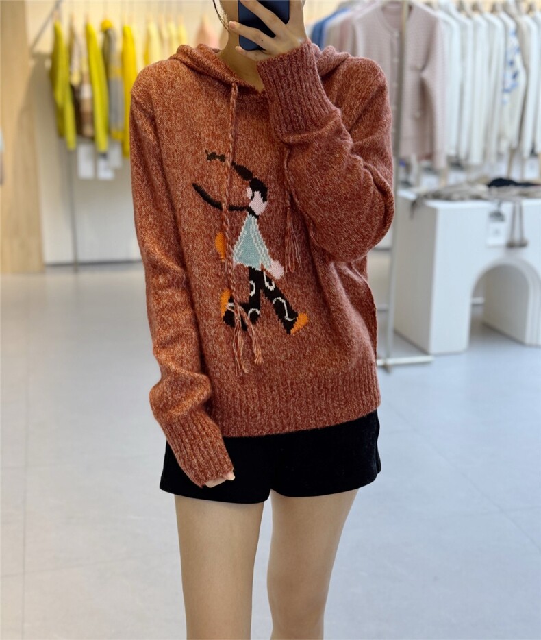 2025年秋季时尚百搭通勤休闲连帽卡通图案衫，女装羊绒衫，巧奈羊绒