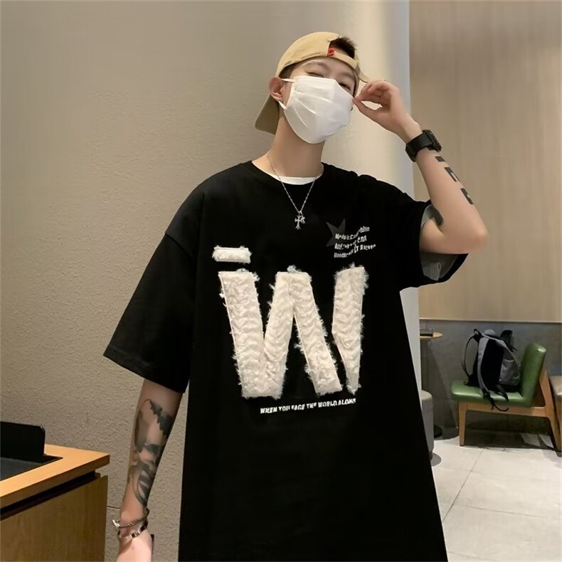 复古植绒短袖t恤男夏季潮牌宽松美式复古情侣半袖体恤衫ET019-P33,男装T恤,星座1008-1