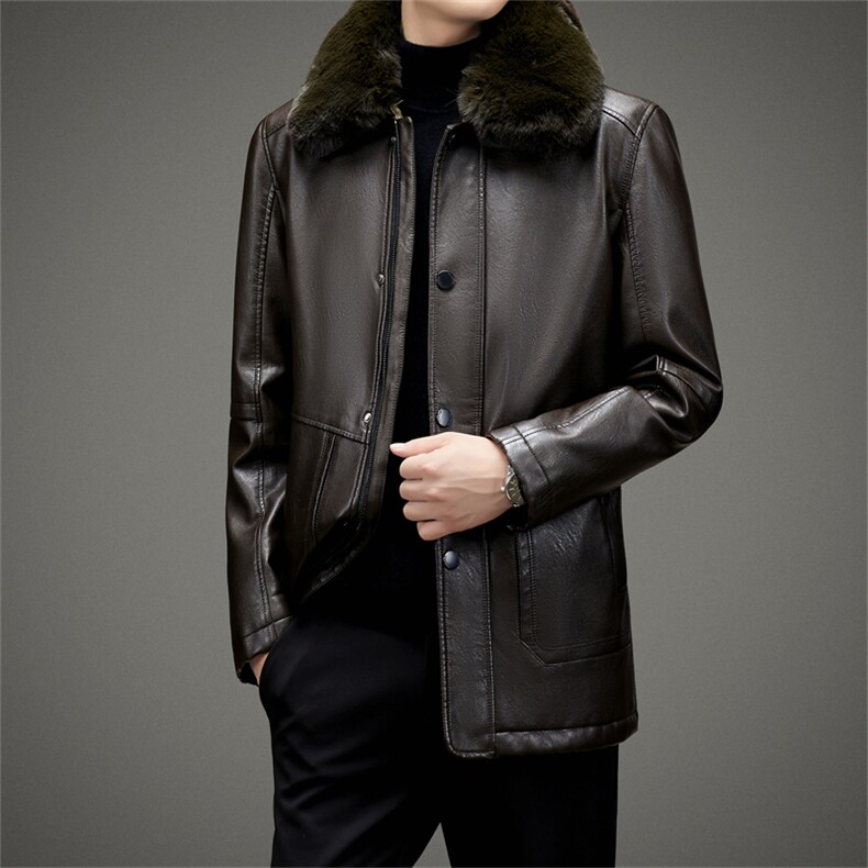 冬季新款男士可脱卸毛领皮衣中年翻领纯色上衣男装加厚保暖外套，男装皮衣，电商B212（原钱塘6029）
