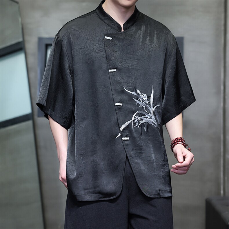 现货男士新中式兰花刺绣冰丝缎面凉感舒适短袖上衣T2521-P65控89,男装T恤,电商A021