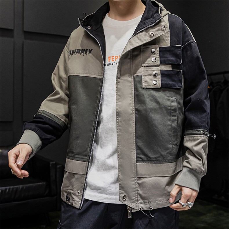 2021春季新款潮男大口袋拼色连帽大码工装夹克外套 A438-587图片