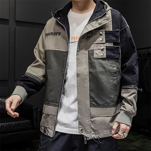 2021春季新款潮男大口袋拼色连帽大码工装夹克外套 A438-587图片