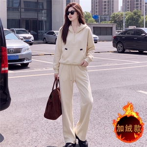 时尚运动风加绒套装女秋冬高级感加厚连帽卫衣高腰阔腿长裤两件套图片