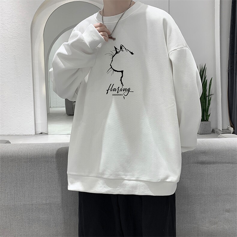 华夫格圆领卫衣男春秋季新款美式潮牌印花宽松大码休闲套头衫长袖，男装卫衣，电商A040