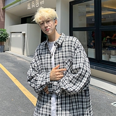衬衫男秋季新款港风宽松大码磨毛格子长袖衬衣CS510-P38(现货），男装衬衫，星座214-3