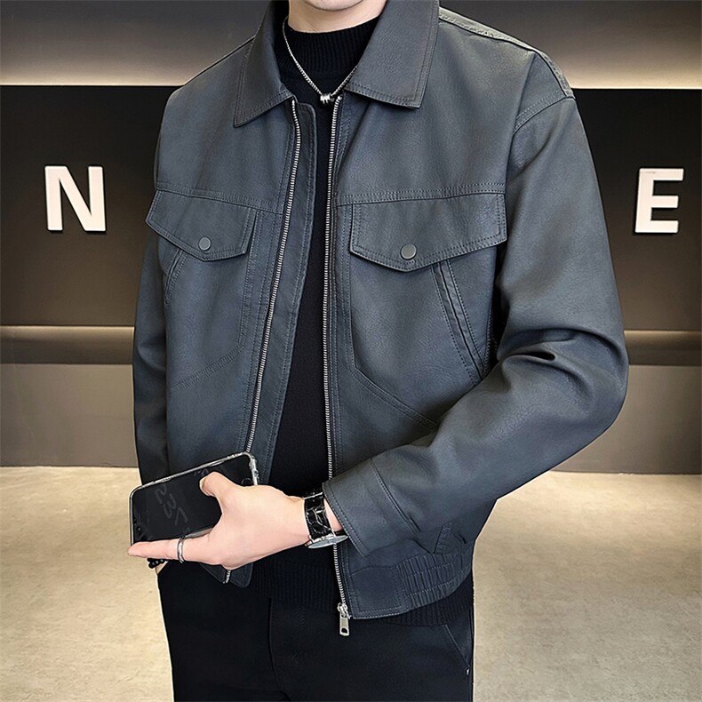 25880-P145-M-4XL店主风秋季假口袋设计男士翻领皮衣夹克休闲外套,男装皮衣,电商B255