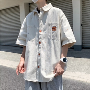 夏季短袖牛仔衬衫男ins潮牌港风日系小众设计感休闲宽松半袖外套图片