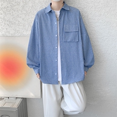 衬衫男春季新款港风宽松大码立体口袋纯棉条纹长袖衬衣CS3099-P42，男装衬衫，星座214-3